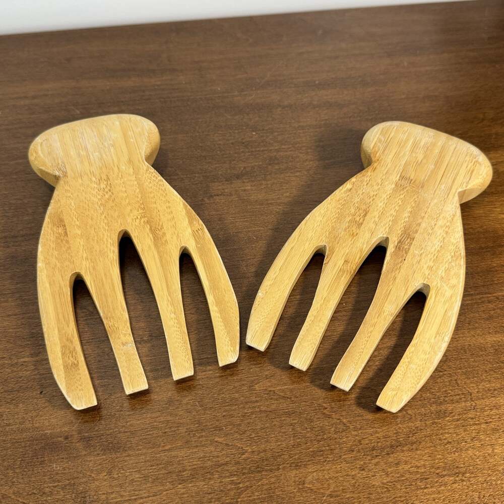 Bamboo Salad Hands Servers Tongs Set of 2 Natural Wood Kitchen Utensil